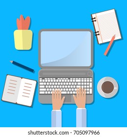 Work Space with Laptop and Coffee Cup. Flat vector Illustration.