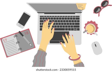 Work space of manager in home or office interior with woman hands drawing on transparent background vector