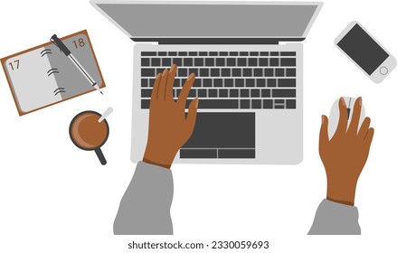 Work space of manager in home or office interior with black person hands drawing on transparent background vector