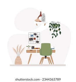 Work space with mid-century style desk and ergonomic chair. Home office for remote study or job. Room decorated with organizer grid and plants. Home decor. Interior hand drawn flat vector illustration