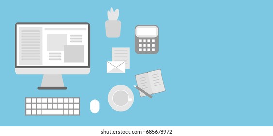 Work Space with Modern Devices and Coffee Cup. Flat vector Illustration.