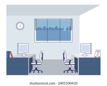 Arbeitsraum im Büro mit Stühlen, Tischen und Computern, die als Team arbeiten. Zeichendesign. Vektorgrafik