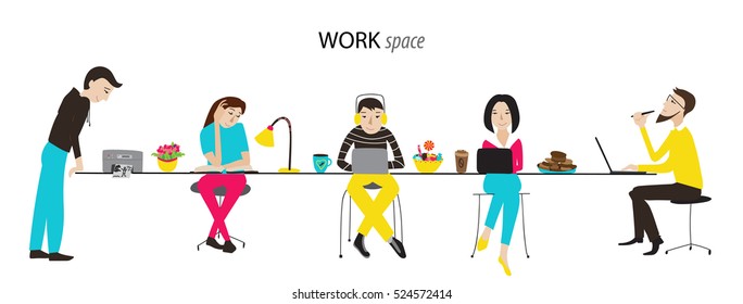 Work space, office or coworking, team work concept, flat style vector