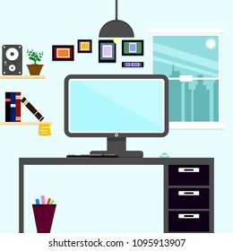 Work space office flat interior in cityscape, working place concept abstract background vector illustration