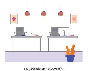 Work space in an office with interior, working with teamwork friends. Character design. Vector flat illustration