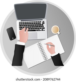 Work space office. Top view Businessman's hands using laptop, phone and writing on gray circle background. 
