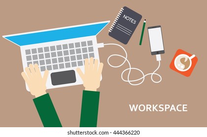 Work space in office top view on table. Male hands typing on keyboard laptop. Work design flow. 