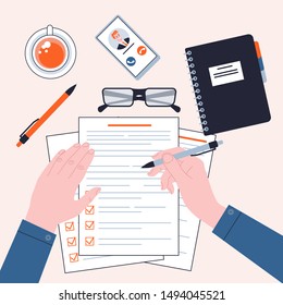 Work space for office worker top view. Hand writing on the paper document. Office desk, modern workplace. Isolated vector cartoon illustration
