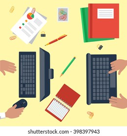 Work space people for table design flat. Top view workplace and office workplace, office interior, business worker, table interior, workspace place, laptop workspace table