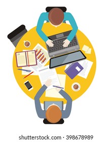 Work space people for table design flat. Top view workplace and office workplace, office interior, office and work, business worker, table interior, workspace place, laptop workspace table