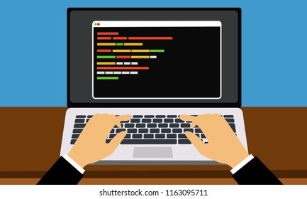 Work space programmer working with laptop on table. 