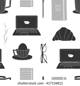 Work space seamless pattern. Hand drawn vector background with desk essentials