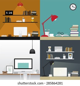 work space set, home office collection, vector