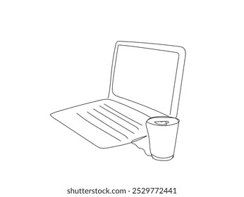 Work space table concept. One continuous line drawing of and computer laptop and a cup of coffee at business office desk from top view. Hand made vector not AI.