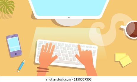Work space. Top view table 
Vector. Cartoon. Isolated art on white background. Flat