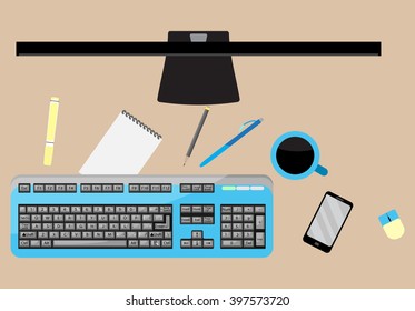 Work space top view. Workspace and desk for office work, office space or workplace and office interior, office work space. Desktop and paperwork. Vector abstract flat design illustration