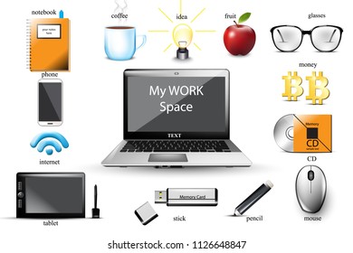 Work space Vector. Computer, usb, notebook, glasses, office tools elements. Icons template illustrations