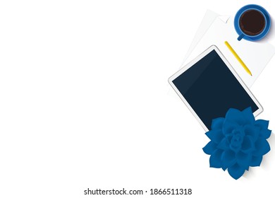 Work space vector mock up set. Flat lay top view on realistic tablet, keys, coffee cup, pencil and pen. Home office stationery for freelance, distant work and online studying concept.