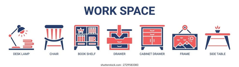 Concepto de Ilustración vectorial del icono del Anuncio del Web del espacio de trabajo con el icono de la lámpara de escritorio, de la silla, del estante del libro, del cajón, del cajón del gabinete, del marco, y de la tabla lateral.