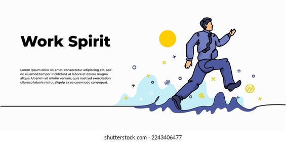Web-Banner mit Arbeitsgeist. Vektorgrafik des jungen Mannes geht an einem sonnigen Morgen glücklich zur Arbeit. Moderne Wohnung im durchgehenden Linienstil.