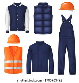 Work and sports wear vector design of men clothes. Worker uniform jacket, orange safety helmets or hard hats, high visibility vest with reflective strips, bib overall, sport vest and bomber jacket
