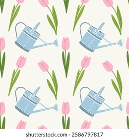 Work in spring garden and vegetable garden, planting and watering. Spring vibe. Pattern with garden watering can and pink tulips. Vector illustration