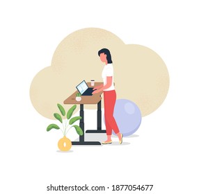 Work At Standing Desk 2D Vector Web Banner, Poster. Freelancer At Laptop. Woman At Workstation Flat Characters On Cartoon Background. Workout At Workplace Printable Patch, Colorful Web Element