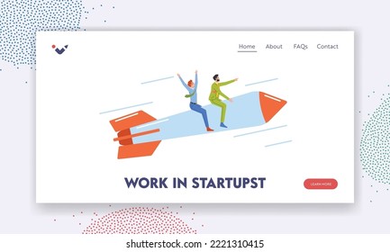 Trabajar en la plantilla de la página de inicio de Startups. Personajes de hombres de negocios alegres vuelan por motor de cohetes. Los Trabajadores De Oficinas Aumentan Sus Carreras, Empiezan Su Lanzamiento, Dirigen. Ilustración de vectores de personas de caricatura