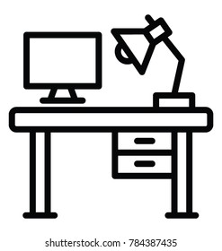 Work Station Line Icon, Computer And Lamp On Table