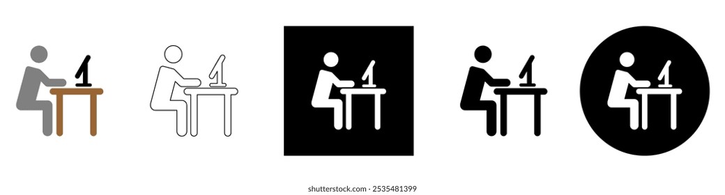 work station, office desk or workspace man with computer Remote Work from home . freelance or designer, school lab computer vector pictogram sign icon symbol ui and ux design, glyphs and stroke line