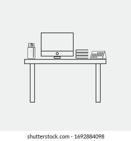 work station vector icon office set up with desktop computer calendar planner stationary and books icon