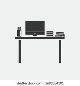 work station vector icon office set up with desktop computer calendar planner stationary and books icon