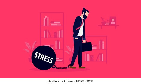 Estrés laboral - Empresario con barba y maletín exhausto después de un día de trabajo, estilo de vida estresante, exceso de trabajo, agotamiento y concepto de salud mental. Ilustración vectorial.