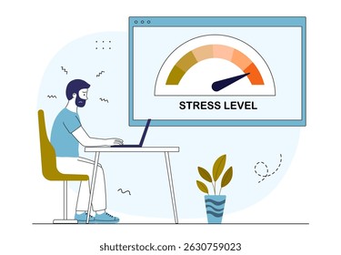 Nivel de estrés laboral. Hombre con portátil cerca del medidor de ancho. Emociones y sentimientos. Presión en el trabajo. Organización ineficiente del proceso de trabajo. Ilustración vectorial lineal