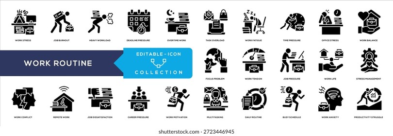 Estrés laboral y desafíos de productividad Colección de iconos de glifos