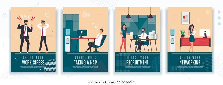 Work Stress, Taking Nap, Recruitment, Networking Poster Set. Break Time, HR, Failure Deadline. Woman on Job Interview, Angry Boss Yelling at Employee, Staff Rest, Chatting Media. Vector Illustration