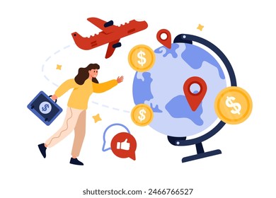 Work or study abroad, international employment program. Tiny woman with suitcase running to receive vacancy in foreign company, plane flying over globe with relocation pins cartoon vector illustration