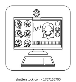 Work, study, conference and meeting online. Vector illustration made from simple line, web silhouette isolated on white background. Image on the topic of distance and self-isolation, working from home