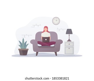 Arbeiten und studieren zu Hause. Flache Darstellung des Arbeitsplatzes. Ein Mädchen mit einem Laptop arbeitet auf dem Sessel. Einzeln auf weißem Hintergrund. 