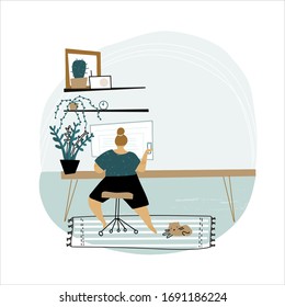 Work or study from home lifestyle concept. Young woman figure sitting in front of a desk computer vector clipart. Contemporary office interior with succulent house plants for a web cite or poster.
