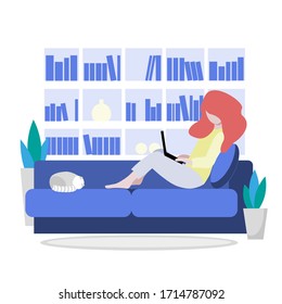 Work, study from home, home office. Readhead girl, young women with laptop computer,  relax cat on the blue couch. Stock
 illustration on a white background.