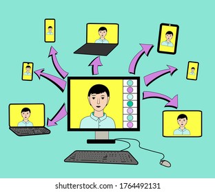 Trabajo y estudio en casa, a distancia a través de Internet a través de video. Capacidad de comunicarse a través de dispositivos móviles, ordenadores, tablets, teléfonos. Capacidad para permanecer en contacto durante la cuarentena. Ilustración vectorial.