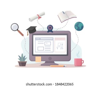 Work and study at home. School and university education. Flat vector illustration. Isolated on white background.