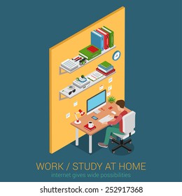 Work and study at home workplace flat 3d web isometric infographic concept vector. Young male student teenager working learning with desktop computer desk table interior. Creative people collection.