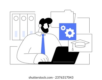 Work and study isolated cartoon vector illustrations. Man looking at laptop, flexible schedule, combine studying with job, online degree, distance learning, virtual education vector cartoon.