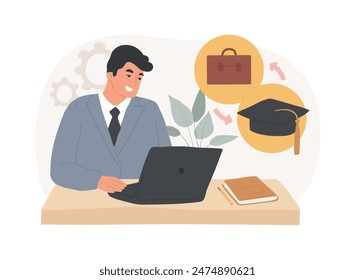 Work and study isolated cartoon vector illustrations. Man looking at laptop, flexible schedule, combine studying with job, online degree, distance learning, virtual education vector cartoon.