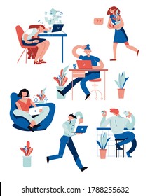 Work and study at laptop, communication vector illustration