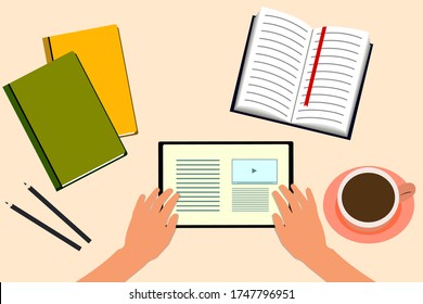Work, study online at home. The character is sitting at a Desk, holding a tablet, looking at it and studying books and notebooks with a smartphone. The Concept Of Online Education.