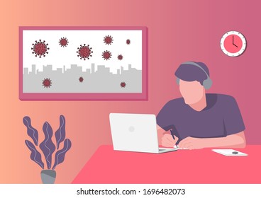 Work, study, training and courses at home to prevent a viral infection from coronavirus. Vector illustration flat design concept.