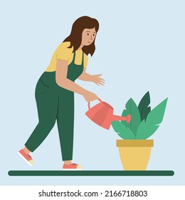 Work in the summer garden. A girl is watering a plant. Plant care. Flat style vector illustration.